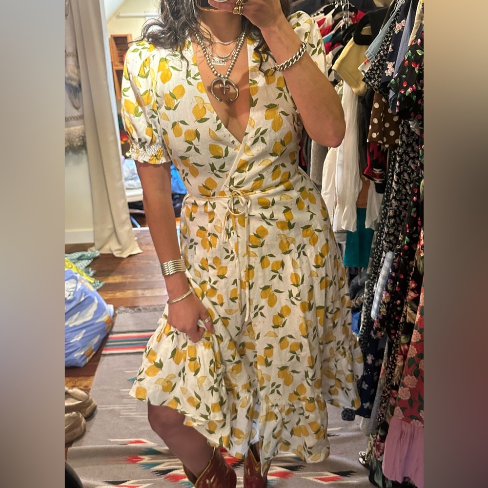 Reformation Veronika Lemon Linen Wrap Dress S